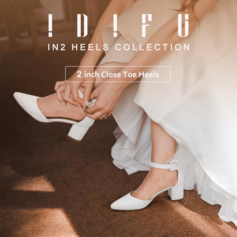 IDIFU Women's IN2 Pedazo Dress Shoes Low Block Heels Comfortable Chunky Closed Toe Ankle Strap Wedding Pumps(White Pu, 8 B(M) US) - Image 2